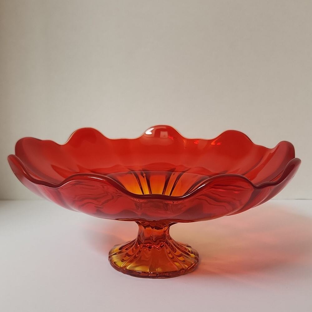 MCM L.E. Smith Amberina Simplicity 6 Petal Compote Bowl UV Glow Cadmium